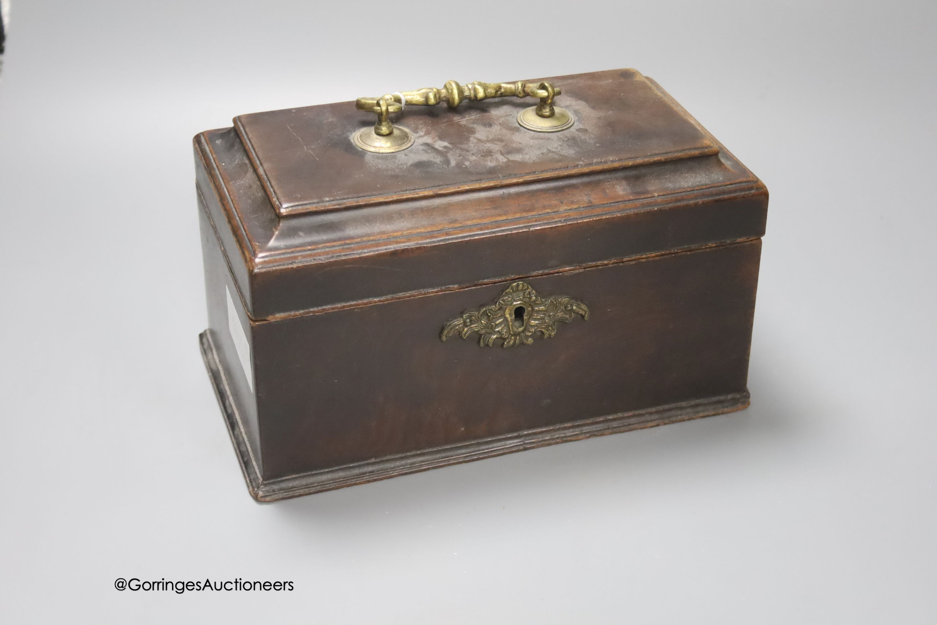 A mid 18th century mahogany tea caddy, 24cm, a rosewood cruet stand, one other box and a mallet with elm head